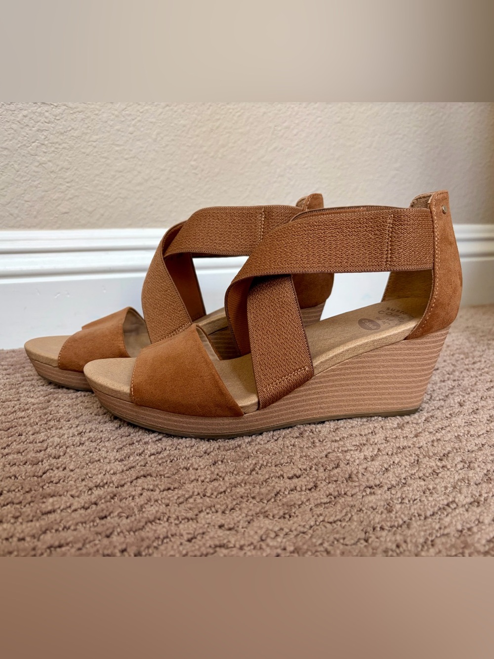 Dr. Scholl's Tan Suede Elastic Strappy Wedge Sandals